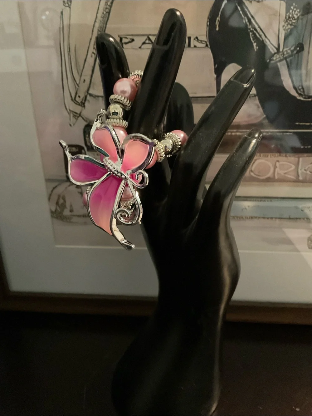 Pink Butterfly Beaded Stretch Bracelet. Double Strand Bracelet. NWOT.